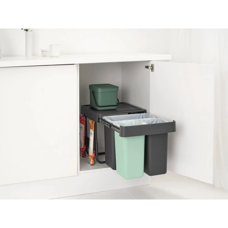 Waste Bin Separation Basket Brabantia Sort&Go 2x10L+20L, Dark Grey & Jade Green