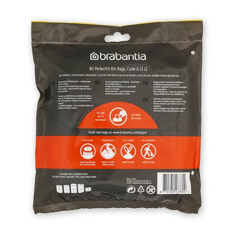 PerfectFit Bags Brabantia Size A, 3L, 40pcs, White, Dispenser