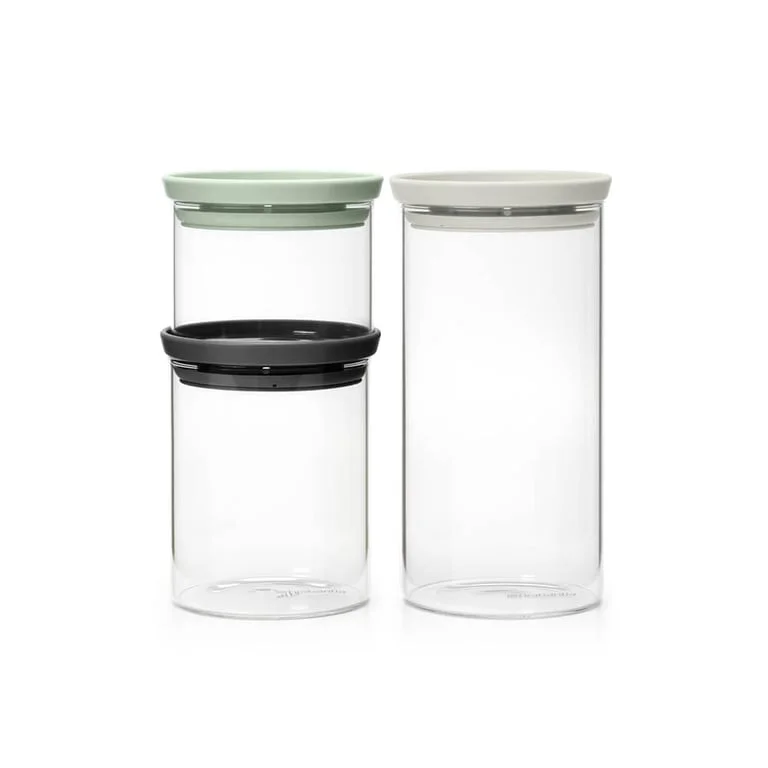 Set of Stackable Canisters Brabantia 0.3L+0.6L+1.1L, Light Grey/Dark Grey/Jade Green, 3 Pcs