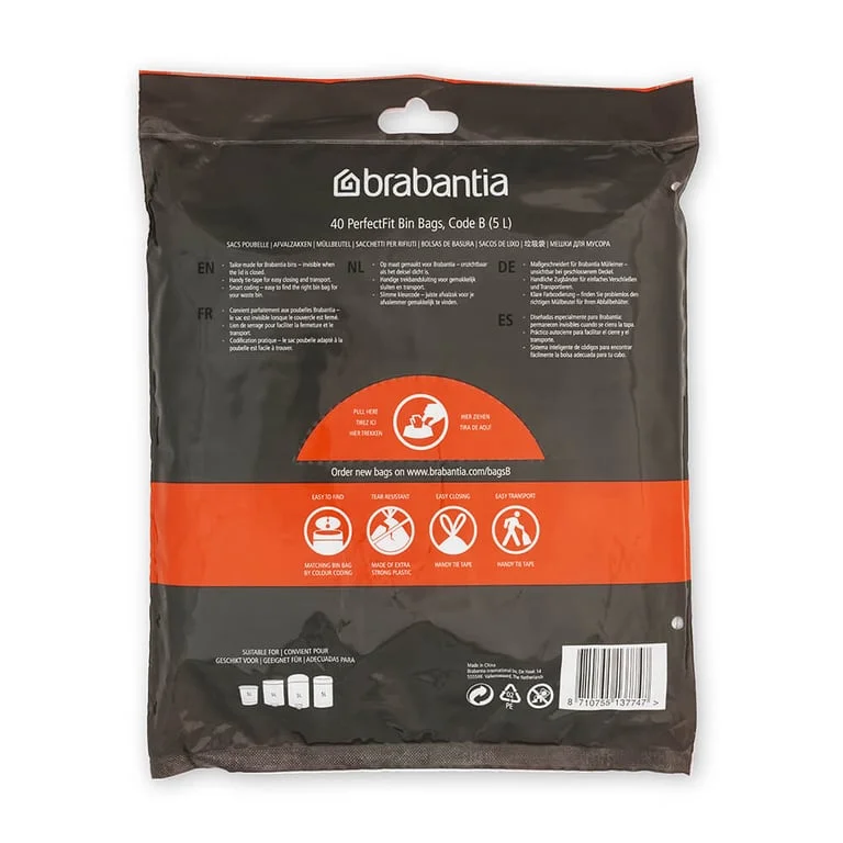 PerfectFit Bags Brabantia Size B, 5L, 40 pcs White, Dispenser