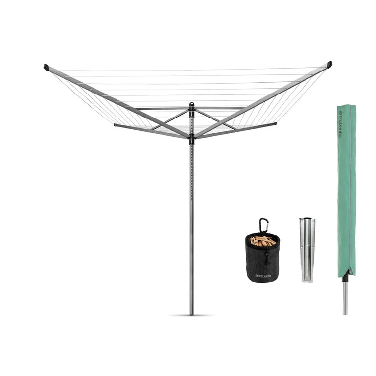 Outdoor Dryer Brabantia Lift-O-Matic 50m, Metal Soil Spear, Cover, Peg Bag and Pegs, Metallic Grey