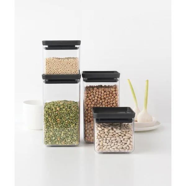 Stackable Square Canisters Brabantia 4pcs, Tasty+, Dark Grey Lid